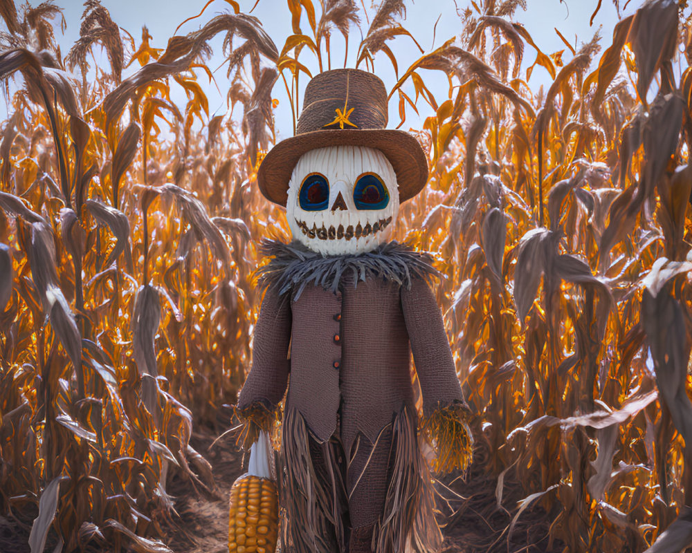 Scarecrow with painted skull face in cornfield with straw hat, under blue sky