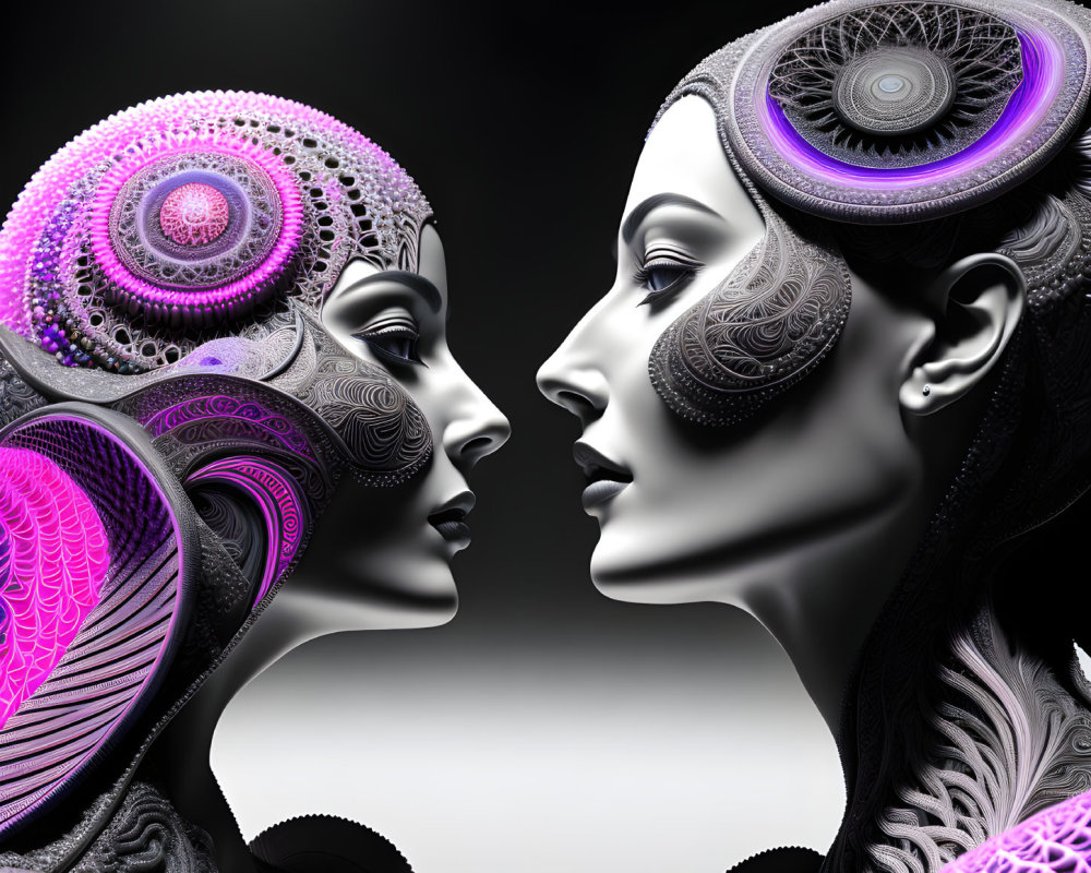 Symmetrical robotic faces in purple and silver profile on black background