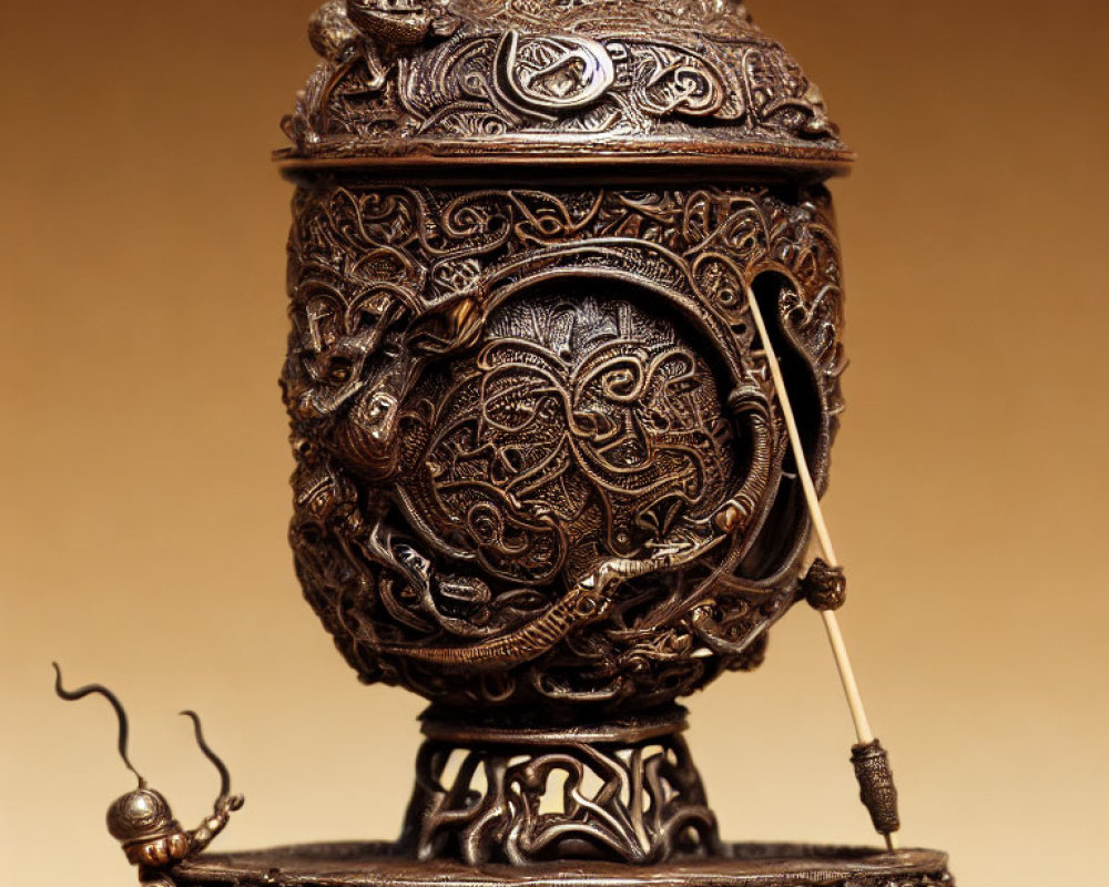 Detailed Antique Metal Incense Burner with Intricate Carvings and Decorative Patterns