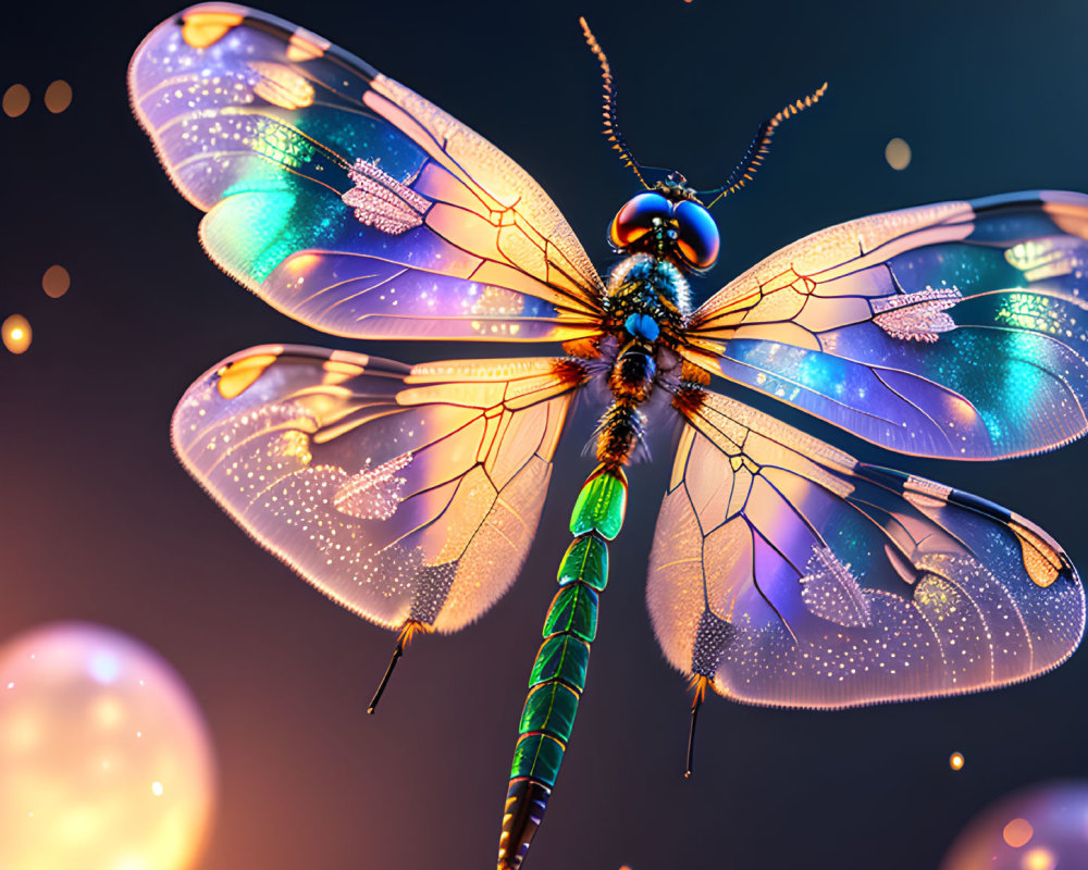 Colorful Dragonfly Digital Illustration with Translucent Wings on Bokeh Background