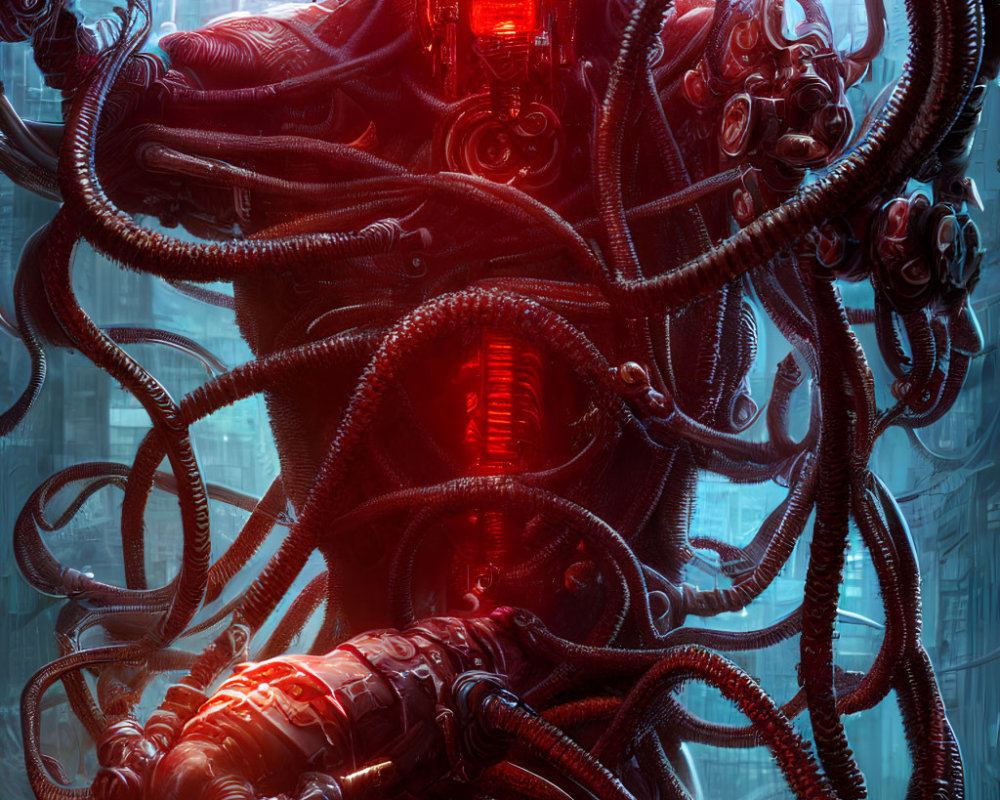 Red and Black Mechanical Tentacles Surround Glowing Core