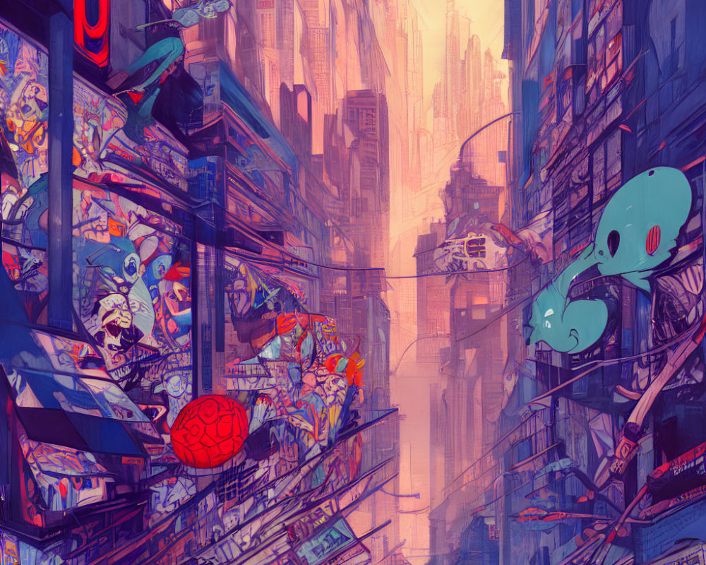 Neon-lit cyberpunk cityscape with alien landscape and graffiti reflections