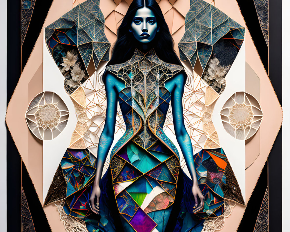 Geometric digital art: Woman with dark hair in symmetrical cool tones