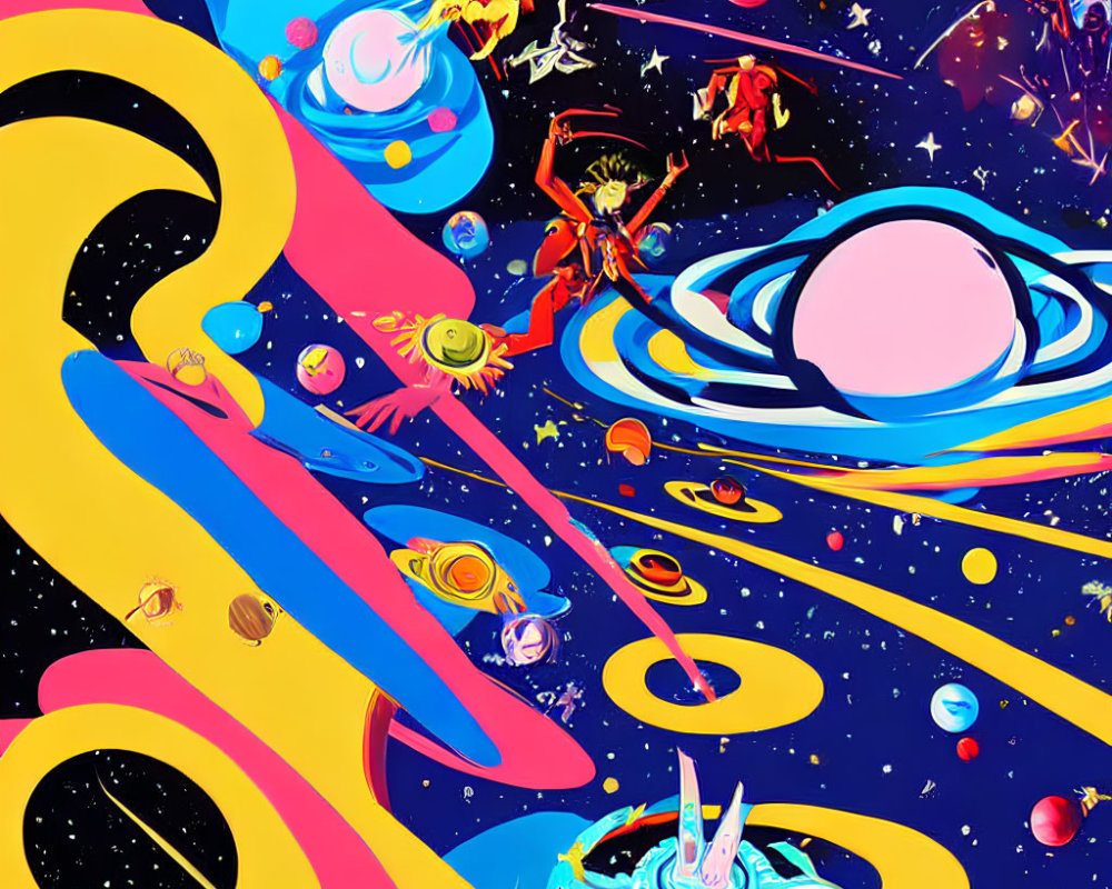 Colorful Psychedelic Space Scene with Planets and Characters