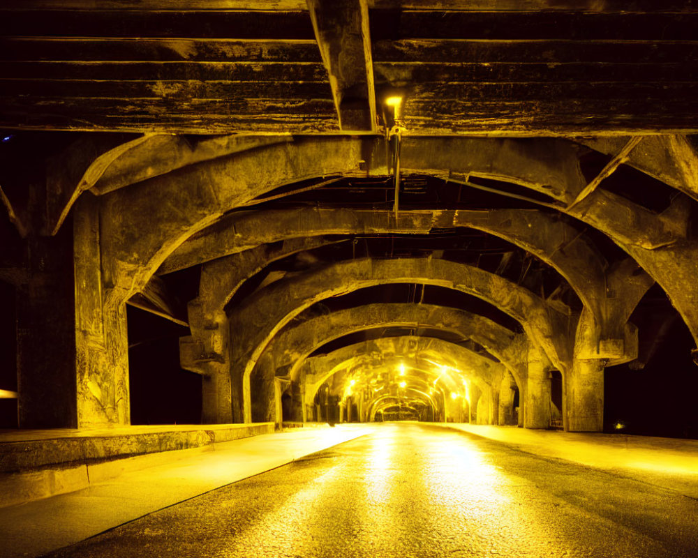 Illuminated Tunnel with Arched Concrete Supports and Warm Yellow Lighting at Night