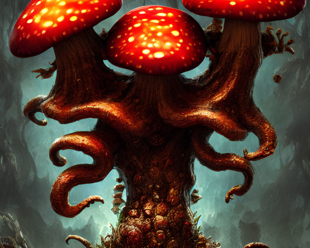 Illustration of oversized red-capped mushrooms on gnarled tree trunk