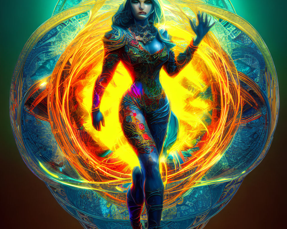 Digital artwork: Woman in blue armor with fiery energy and mystical symbols on teal background