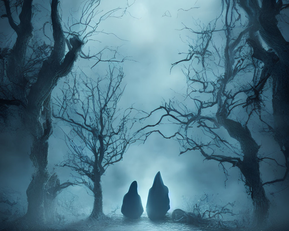 Silhouetted figures in eerie, foggy forest with gnarled trees