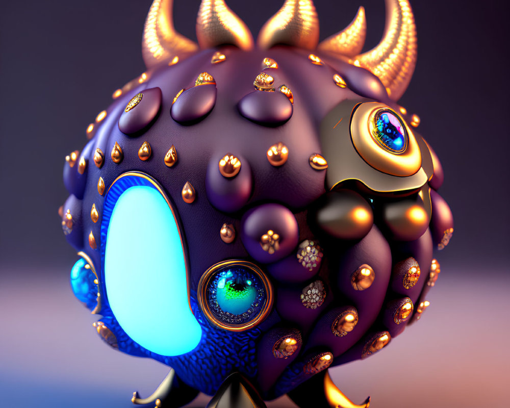 Spherical creature with horns and multiple eyes on purple background