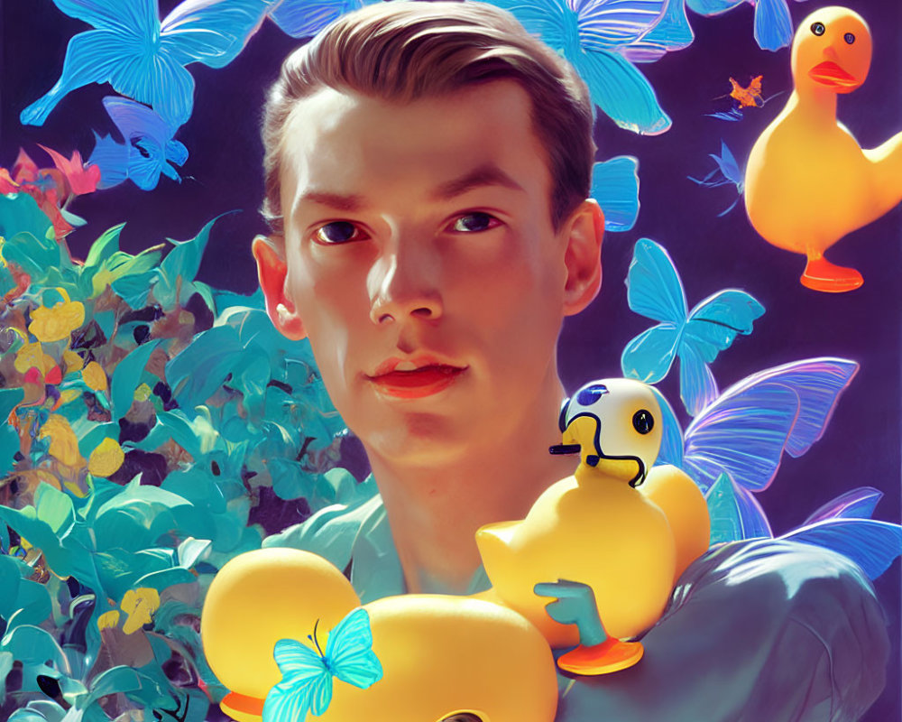 Person with Blue Butterflies, Yellow Ducks, and Green Foliage