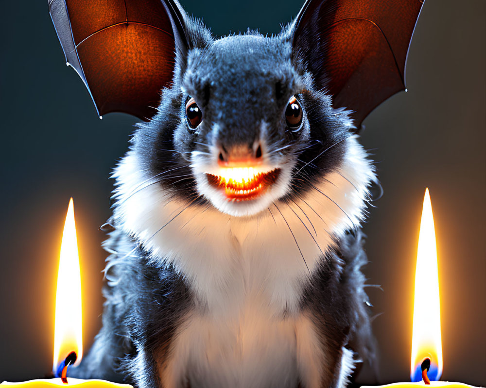 Whimsical digital artwork: Bat with human-like features and glowing candles