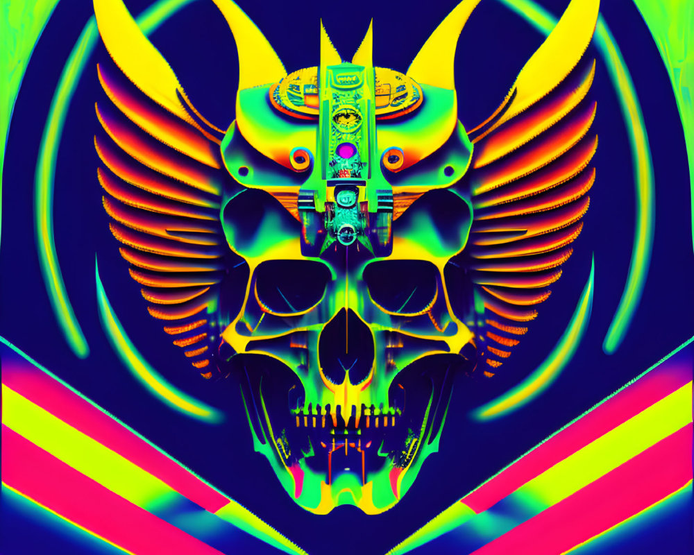 Colorful Thermal Skull with Horns and Abstract Wings on Dark Background