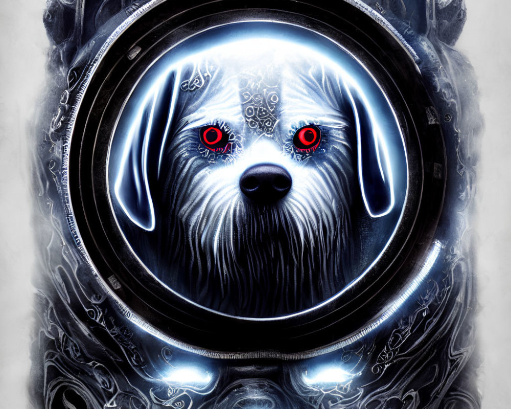 Futuristic armor surrounds intense-eyed dog and wolf-like creature