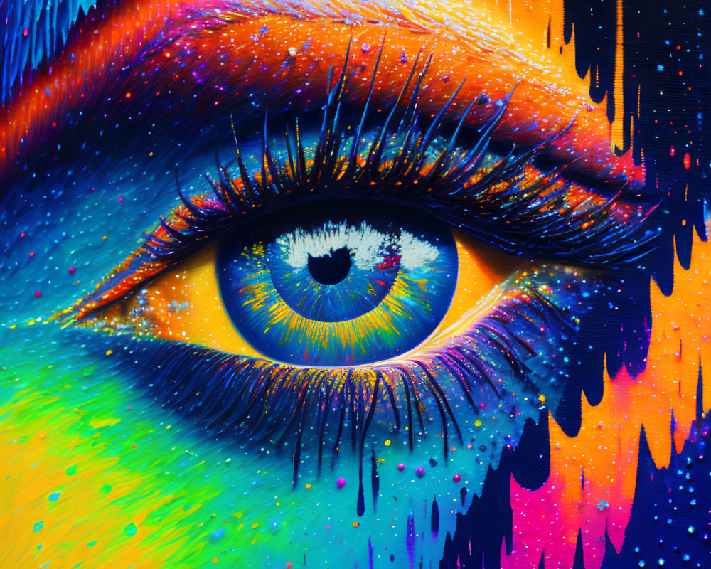 Colorful digital artwork: Human eye with exaggerated eyelashes in rainbow paint effect