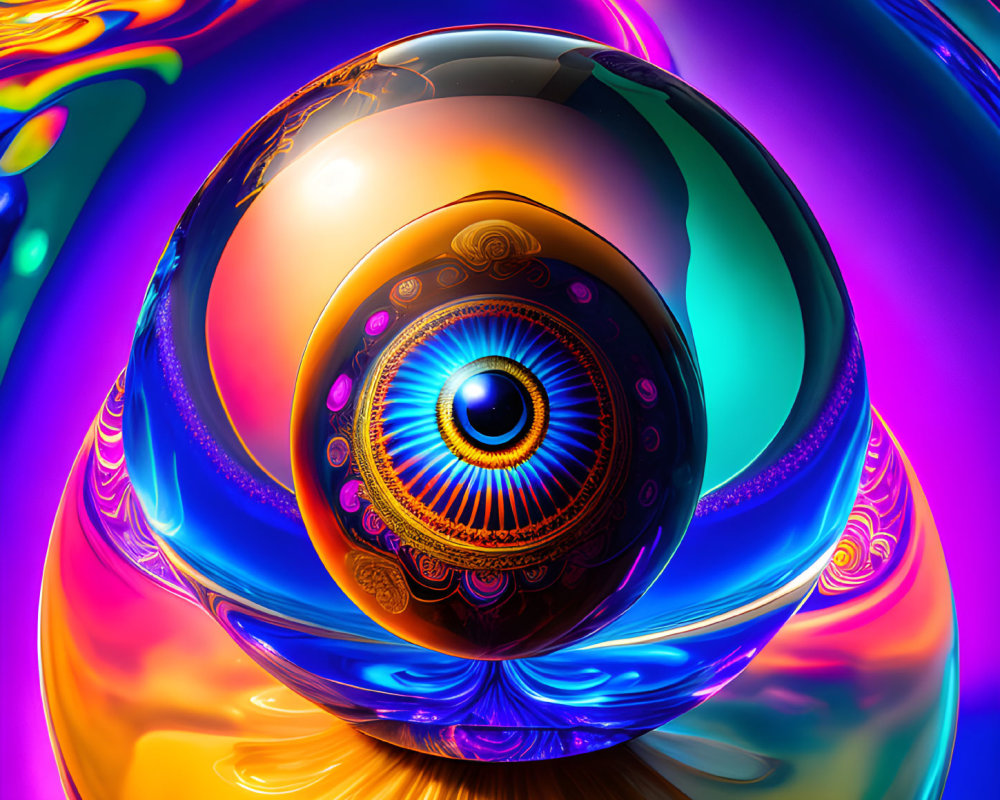 Colorful digital artwork: glossy orb with intricate eye-like patterns on iridescent background