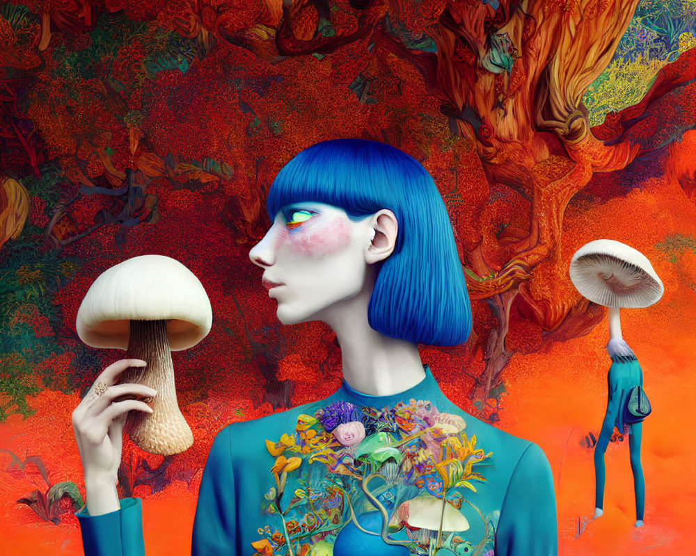 Colorful illustration: Blue-haired woman in fantastical forest with mushroom-headed figure