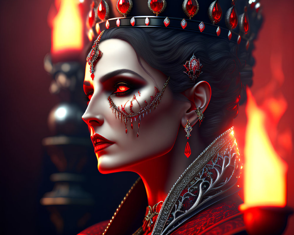 Regal woman with crown and red jewels in dignified pose