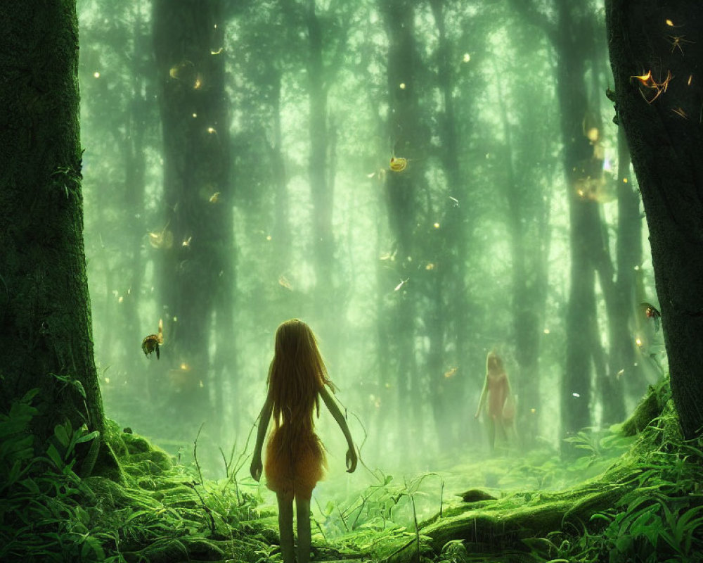 Enchanting forest scene with fireflies, child, and distant figure in lush greenery.