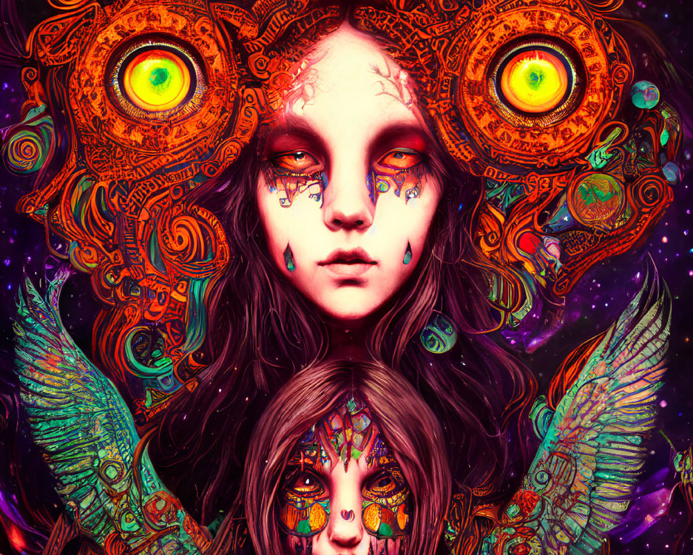 Colorful person illustration with owl eyes and psychedelic aura