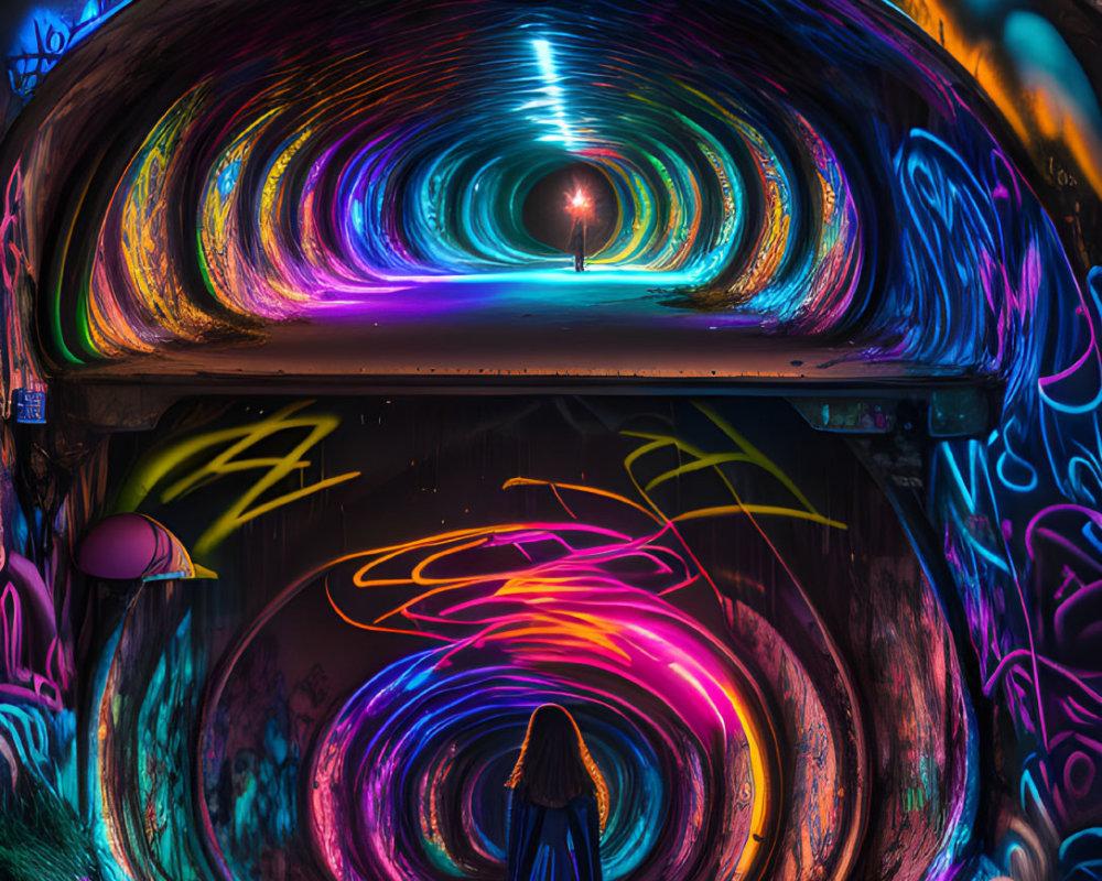 Person in Graffiti-Covered Tunnel with Neon Lights and Umbrella