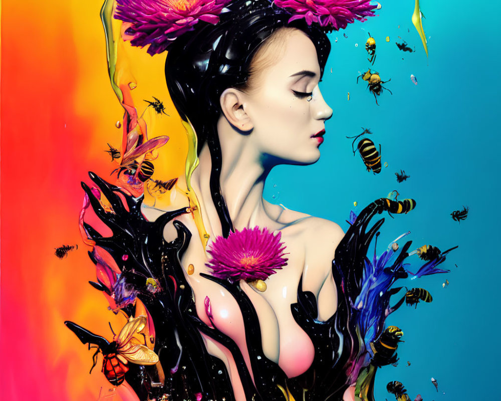 Vibrant portrait of woman with purple flowers and bees on colorful background