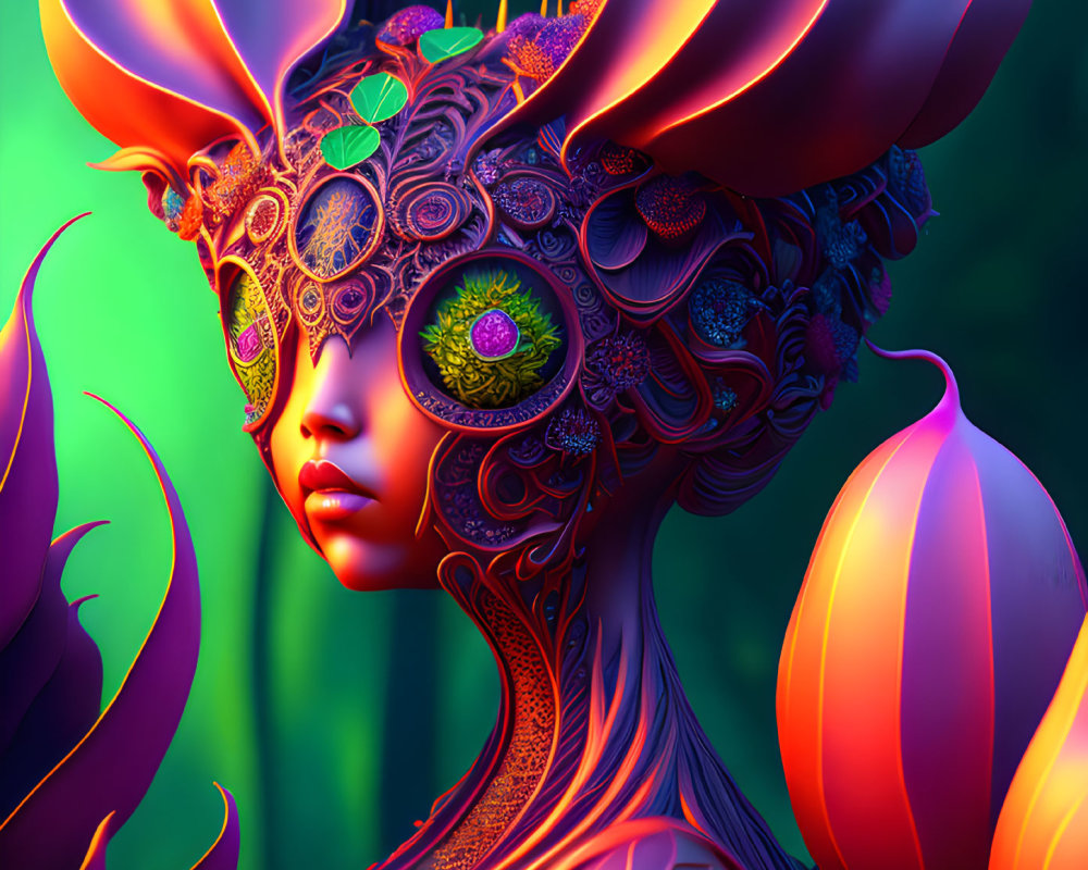 Colorful digital artwork: Female figure with ornate headgear in reds, greens, and pur