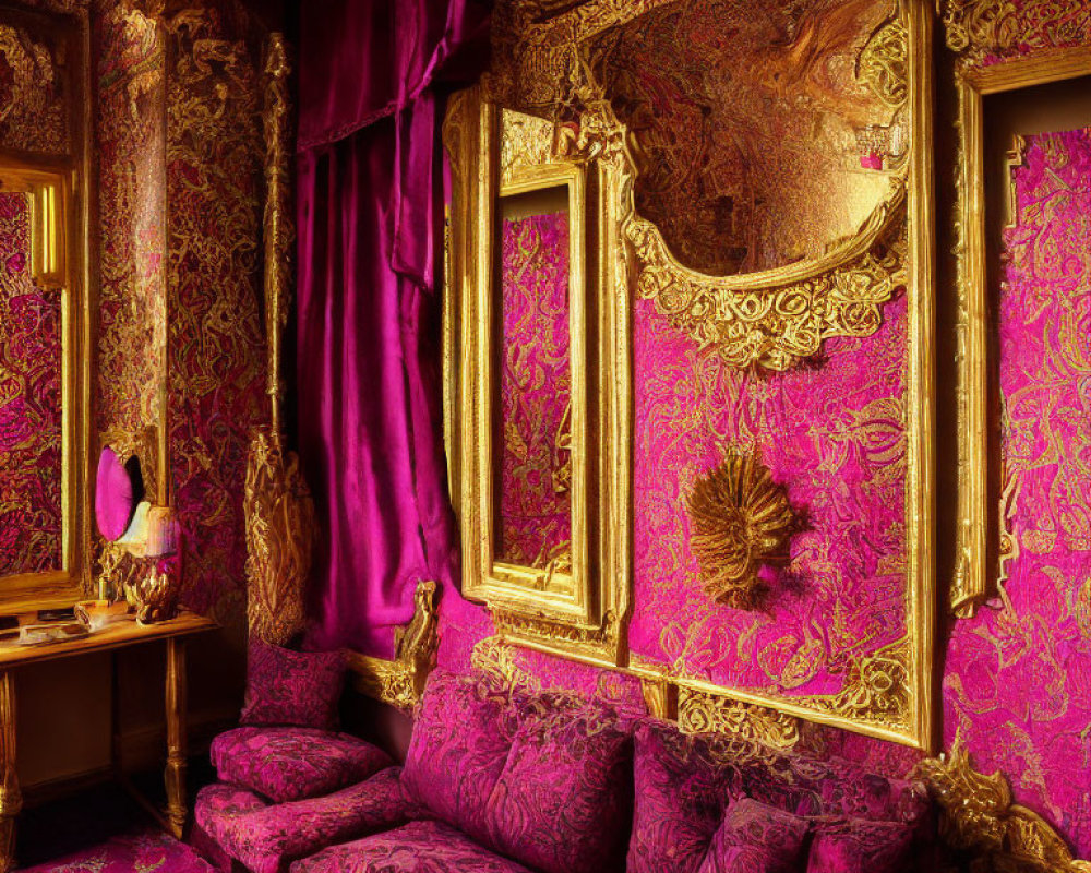 Luxurious Historic Room with Magenta Upholstery and Gold Ornate Decor