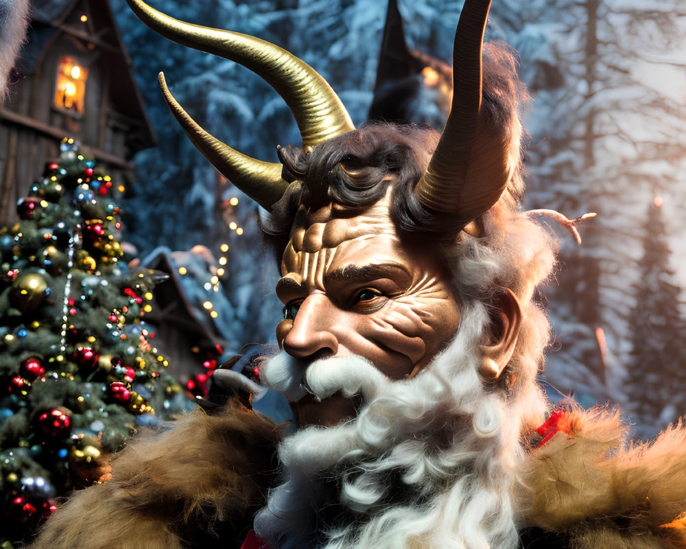 Mythical creature with horns and white beard by Christmas tree