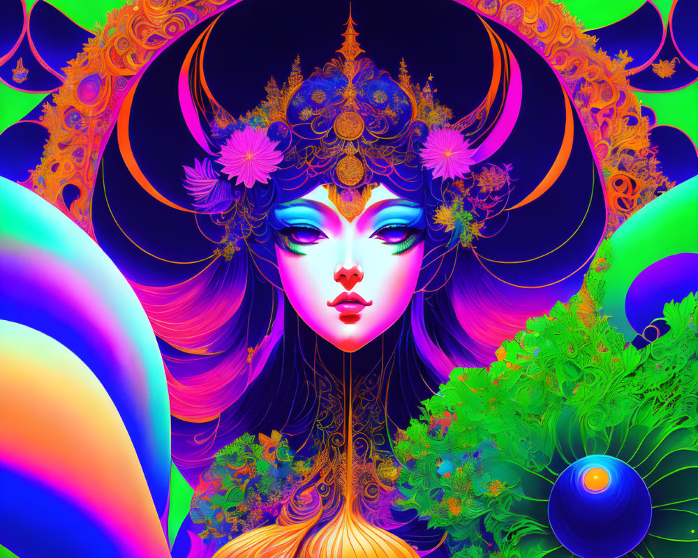 Colorful digital art of mystical woman with intricate headgear and psychedelic patterns.