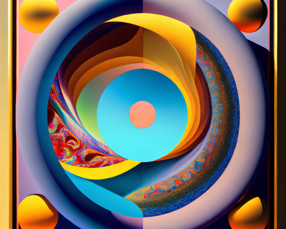 Vivid Abstract Digital Artwork with Concentric Circles and Geometric Frame