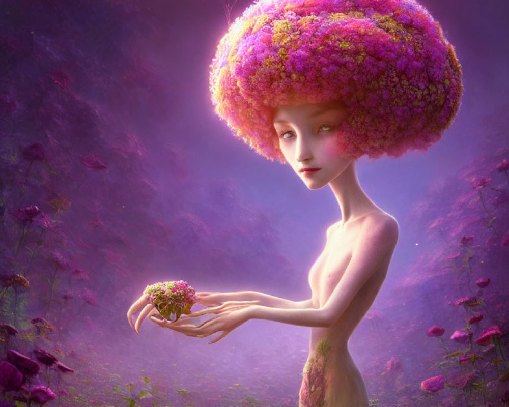 Mystical female character with vibrant pink floral afro in purple flower field