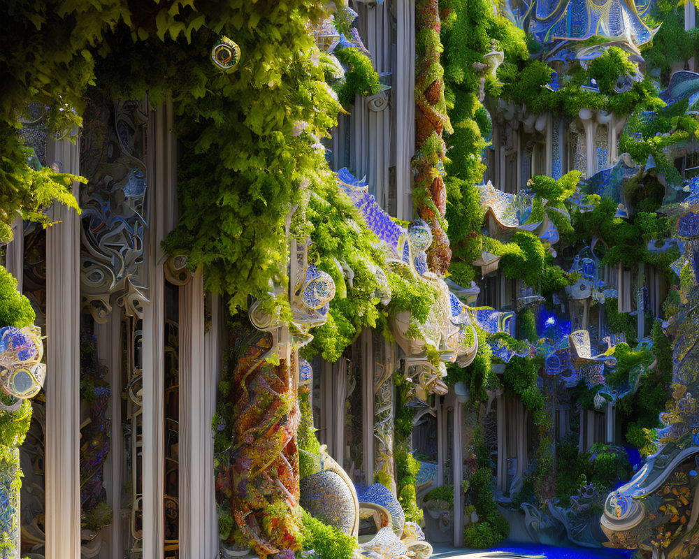 Lush Greenery Surrounds Ornate Columns and Mosaic Sculptures