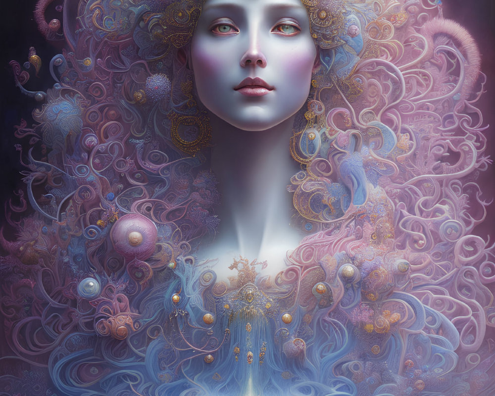 Pale-skinned woman in ethereal, swirling pastel patterns