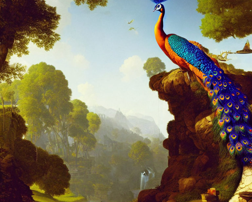 Colorful peacock on rocky ledge with serene landscape view