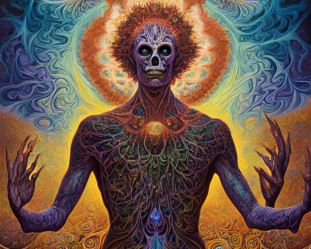 Colorful artwork of skeletal figure with ornate halo and cosmic patterns