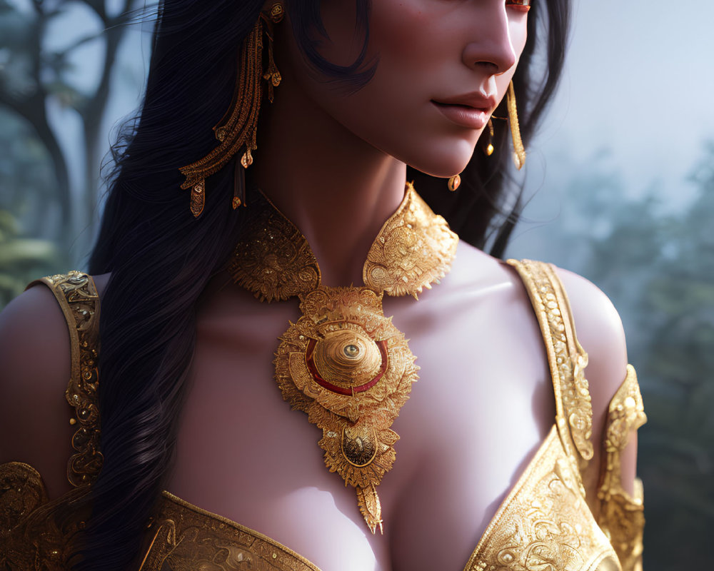 Detailed digital artwork: Female with blue skin, golden jewelry, intricate neckline in fantasy setting