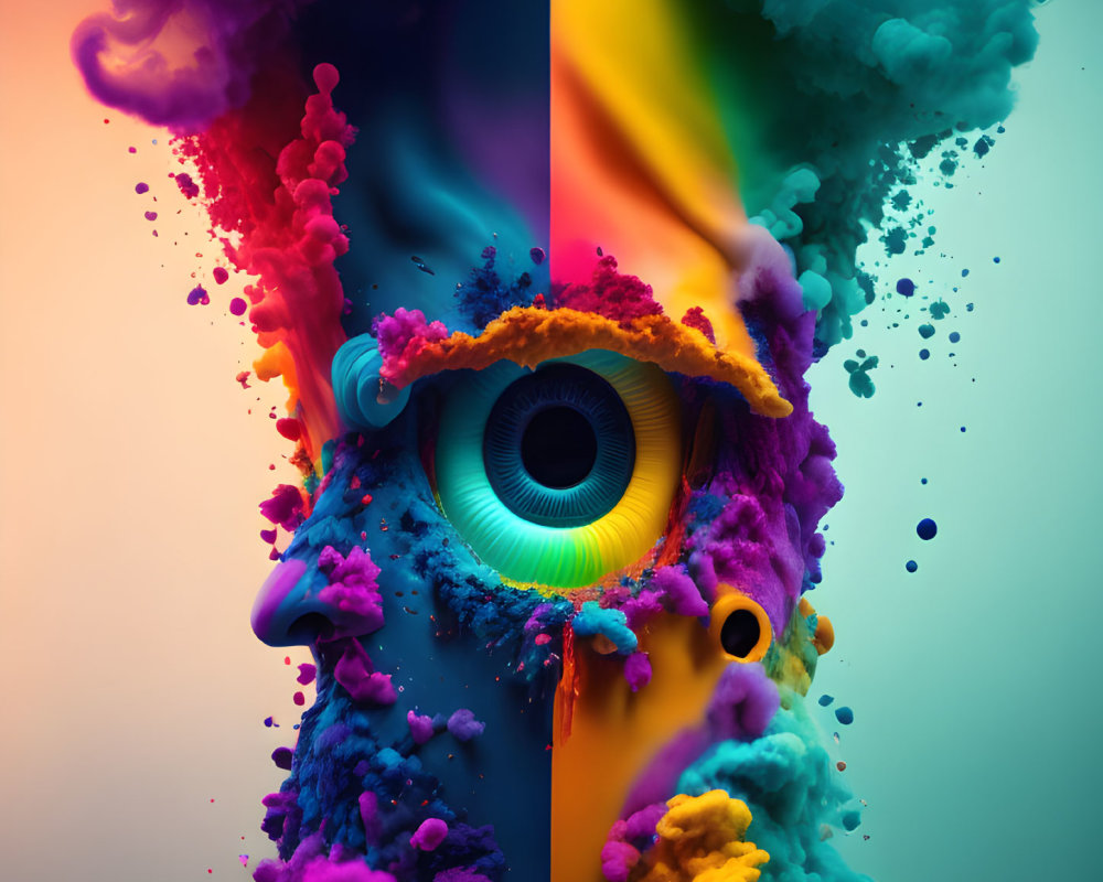 Colorful Abstract Human Face with Central Eye and Rainbow Smoke Swirls