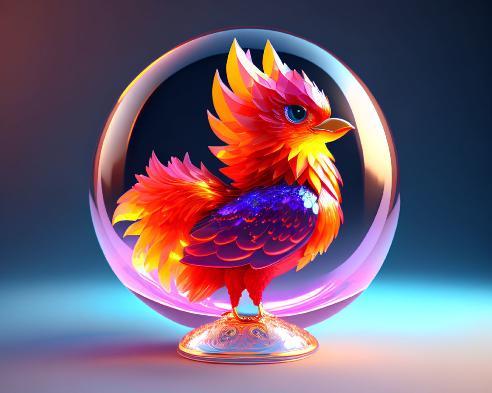 Colorful Mythical Bird Illustration in Glass Orb on Pedestal
