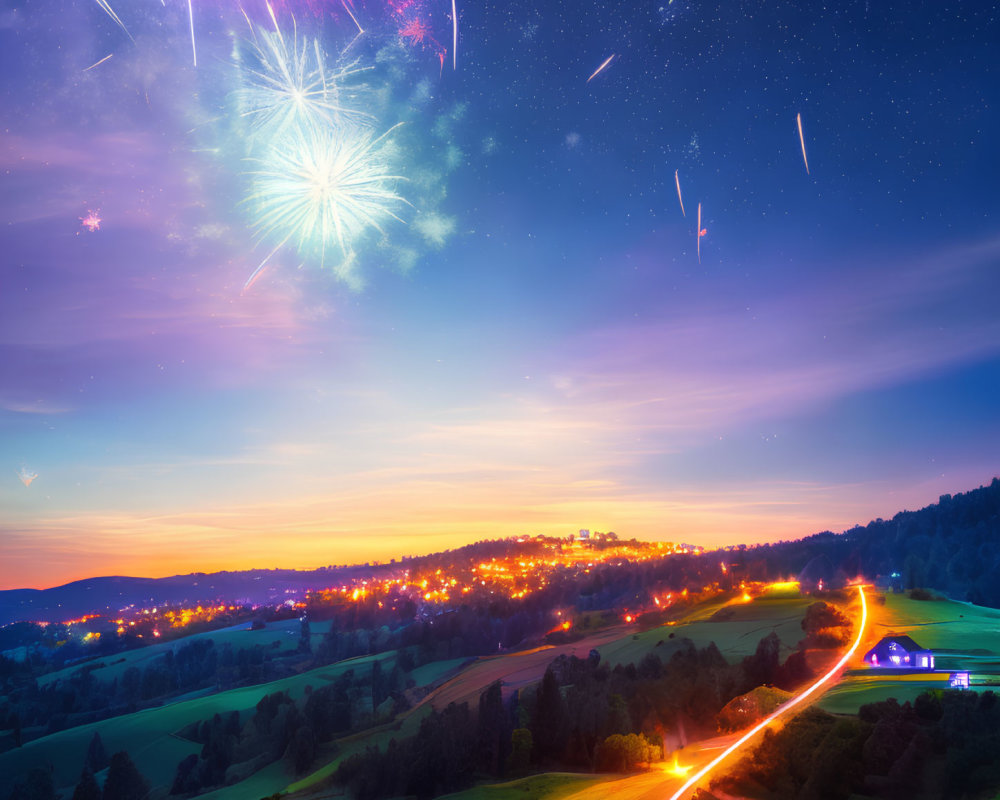 Vibrant nightscape with fireworks, shooting stars, winding road, lit-up town