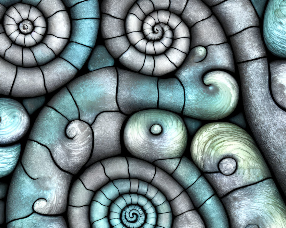 Abstract Spiral Shell Pattern in Blue and Gray with Textured Overlapping Design