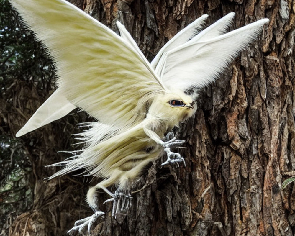 White Feathered Mythical Bird Soaring from Tree Trunk