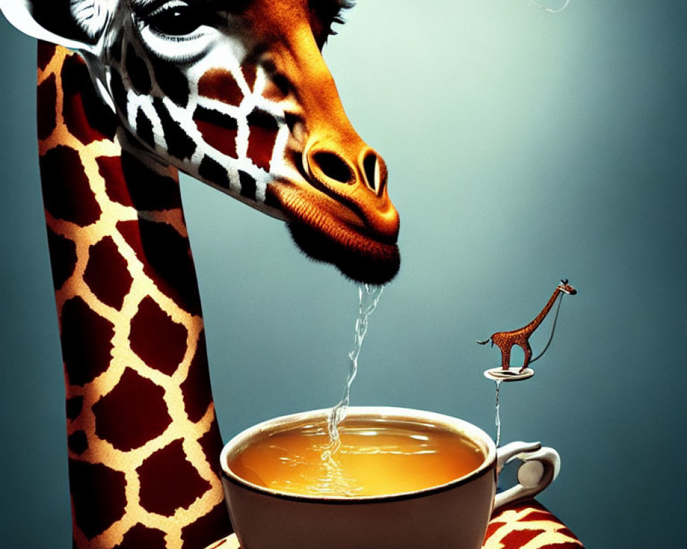 Surreal giraffe reflection pouring milk into tea