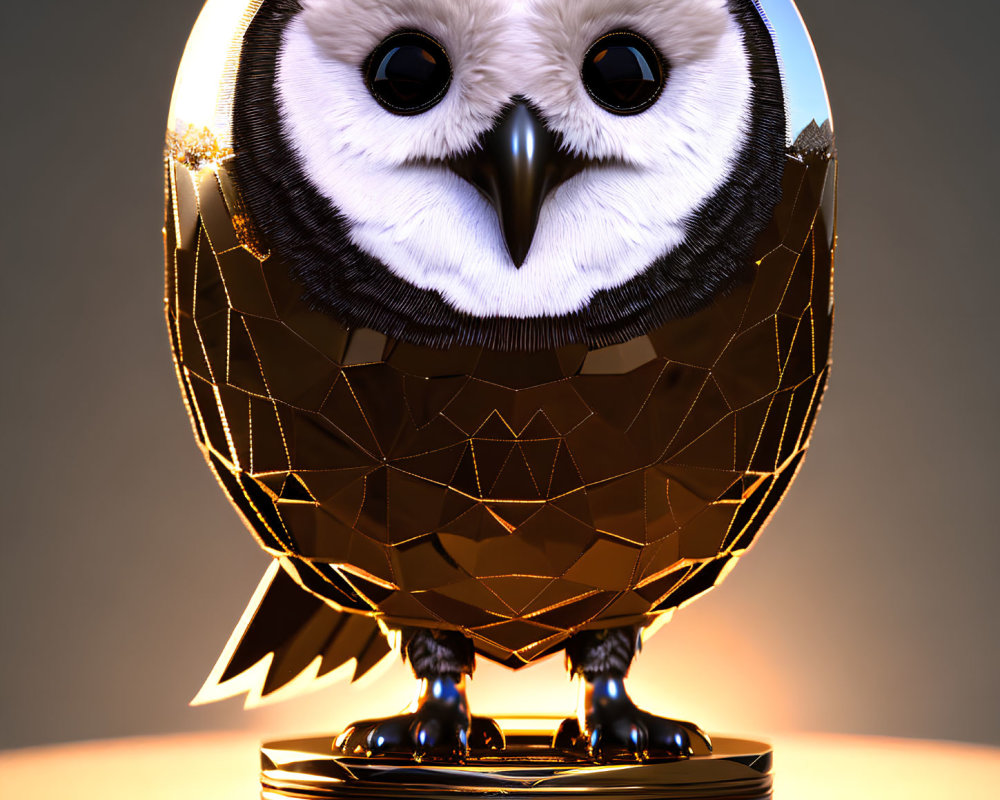 Gold and Black Geometric Owl Figurine on Stand Against Warm Backdrop