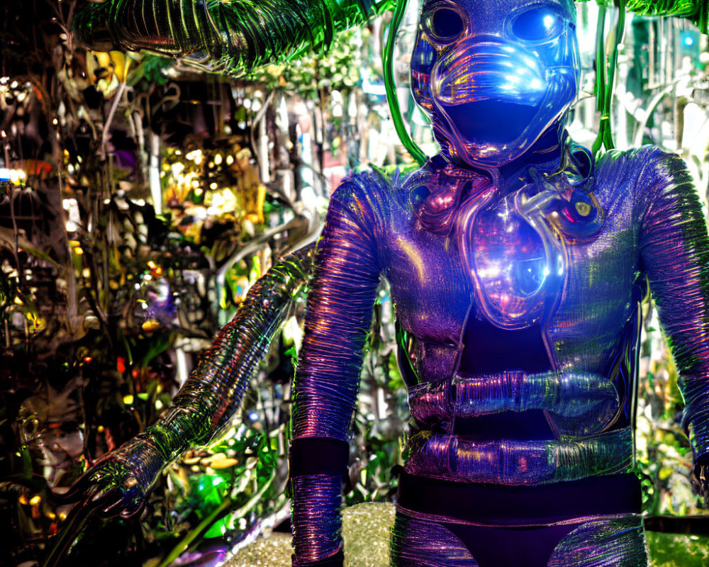 Futuristic iridescent space suit with helmet and visor against metallic tubes and green lights