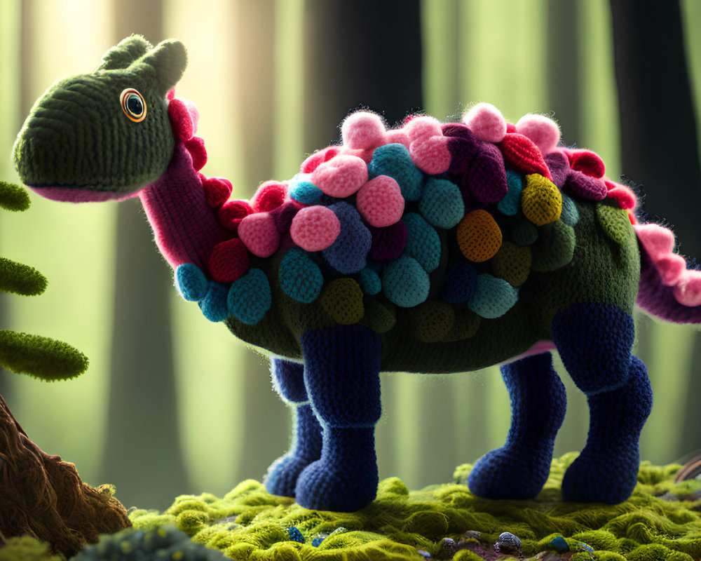 Colorful Crocheted Dinosaur Toy in Forest Setting