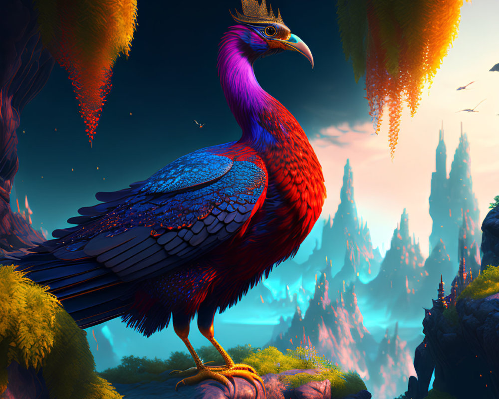 Colorful bird with crown on branch in fantasy landscape with floating islands.