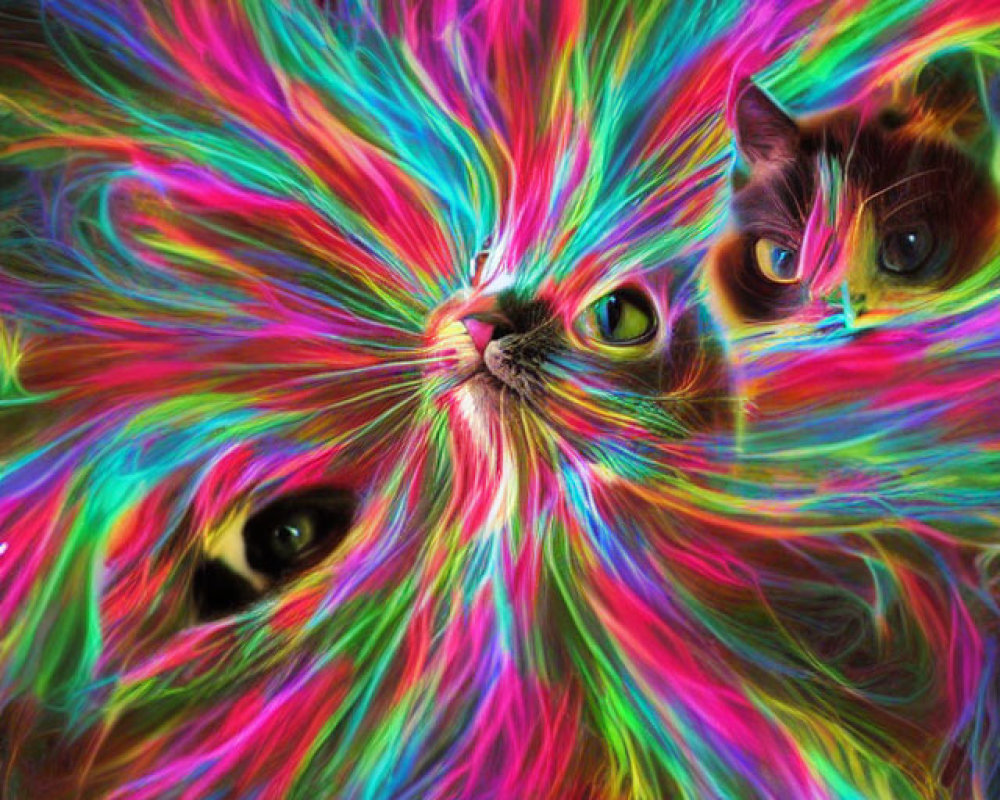 Colorful Fractal Art: Multiple Cat Faces in Neon Hues