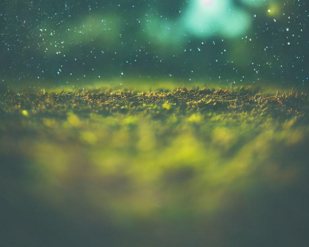 Blurred starry night sky with green bokeh lights and grassy field view