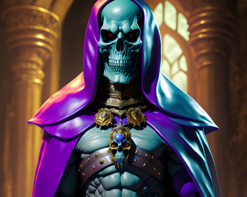 Sinister blue skeleton in purple cloak and armor in gothic cathedral