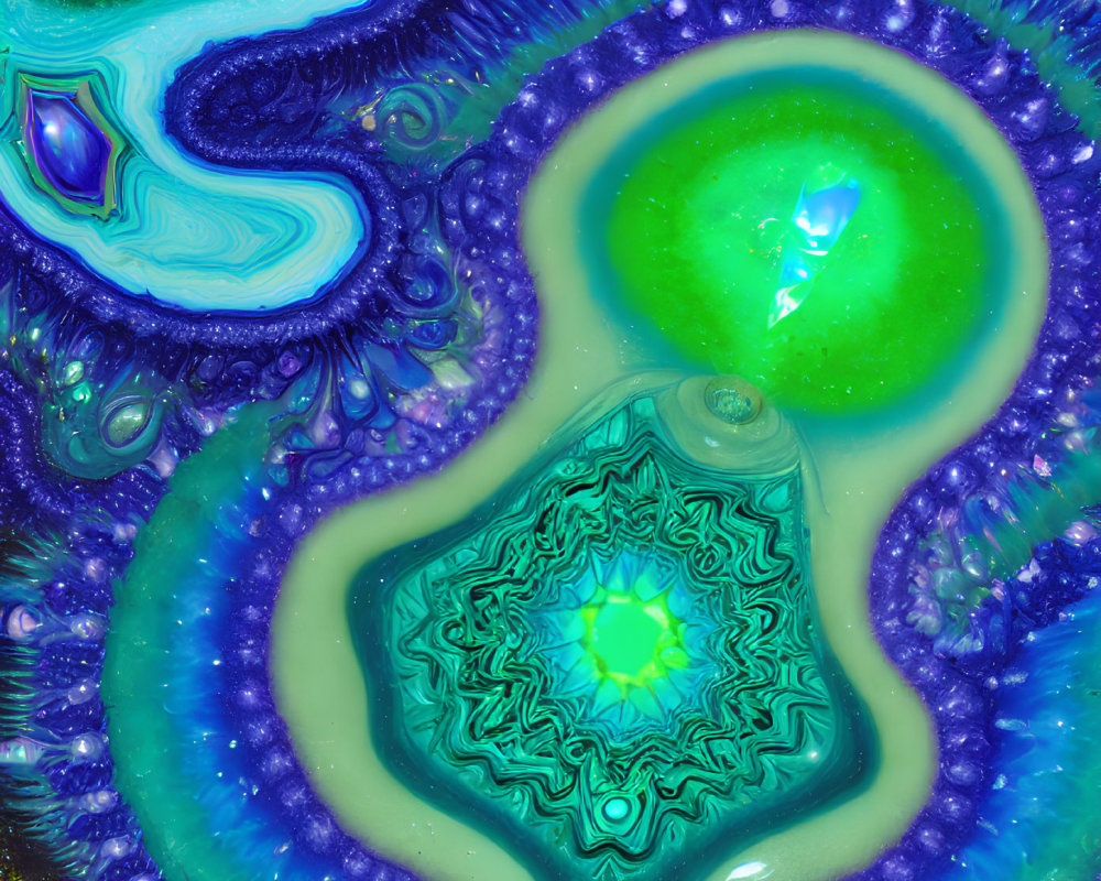 Vibrant Blue and Green Fractal Art with Psychedelic Patterns